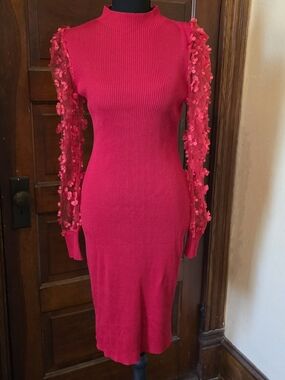 No Boundaries Fuchsia Ribbed Knit Dress with 3D Floral Long Sleeves